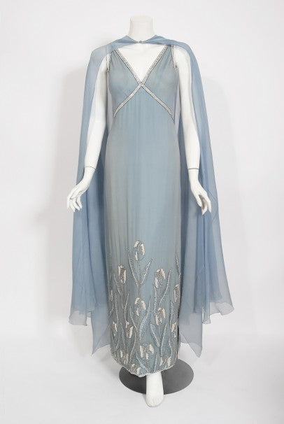1981 Chanel Haute Couture Light Blue Floral Beaded Chiffon Gown &amp; Cape