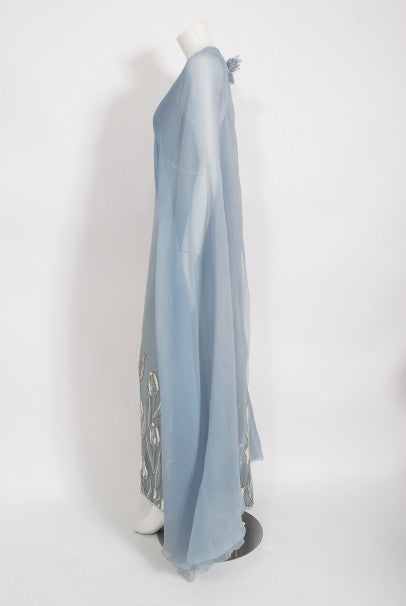 1981 Chanel Haute Couture Light Blue Floral Beaded Chiffon Gown &amp; Cape