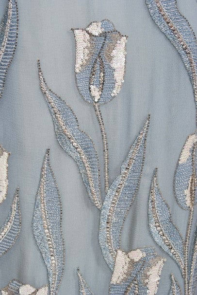 1981 Chanel Haute Couture Light Blue Floral Beaded Chiffon Gown &amp; Cape