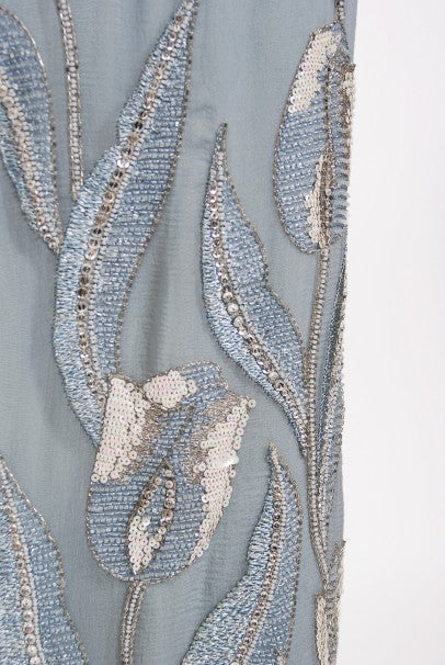 1981 Chanel Haute Couture Light Blue Floral Beaded Chiffon Gown &amp; Cape