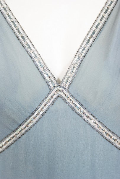 1981 Chanel Haute Couture Light Blue Floral Beaded Chiffon Gown &amp; Cape
