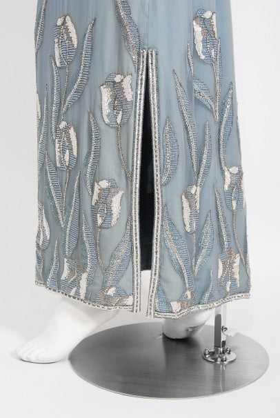 1981 Chanel Haute Couture Light Blue Floral Beaded Chiffon Gown &amp; Cape