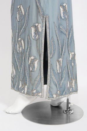 1981 Chanel Haute Couture Light Blue Floral Beaded Chiffon Gown & Cape