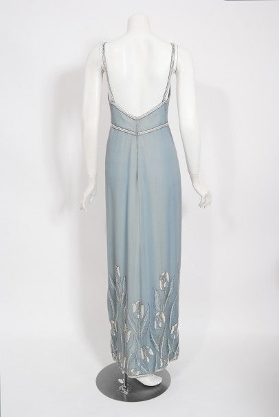 1981 Chanel Haute Couture Light Blue Floral Beaded Chiffon Gown &amp; Cape