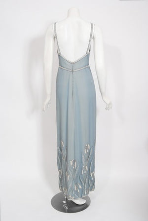 1981 Chanel Haute Couture Light Blue Floral Beaded Chiffon Gown & Cape