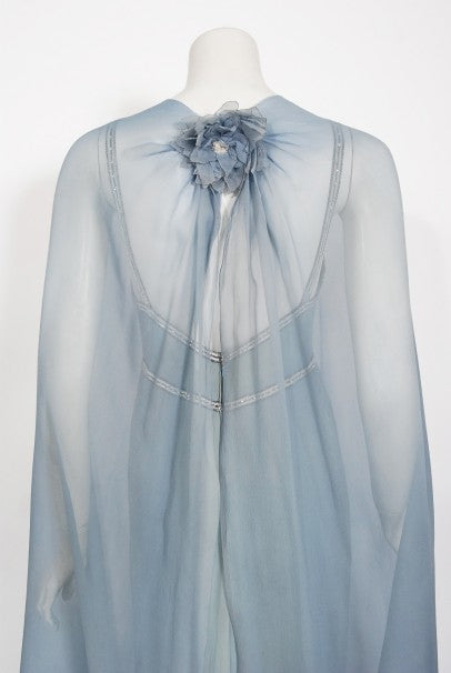 1981 Chanel Haute Couture Light Blue Floral Beaded Chiffon Gown &amp; Cape