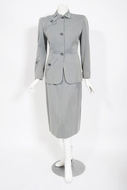 1940&#39;s Gilbert Adrian Light Blue Gabardine Asymmetric Noir Jacket Suit