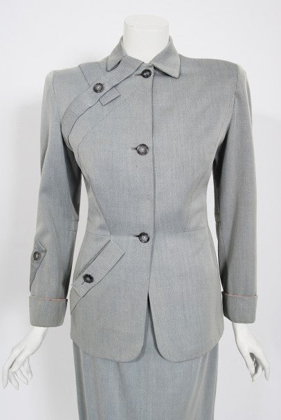 1940&#39;s Gilbert Adrian Light Blue Gabardine Asymmetric Noir Jacket Suit