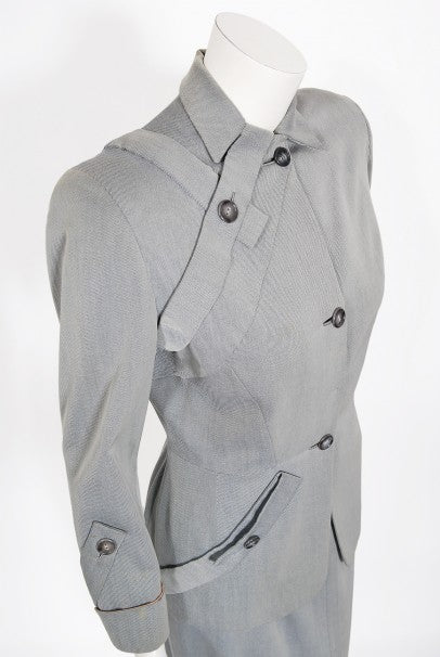 1940&#39;s Gilbert Adrian Light Blue Gabardine Asymmetric Noir Jacket Suit