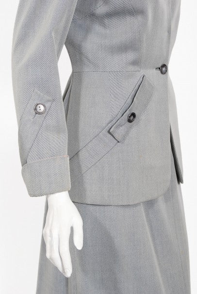 1940&#39;s Gilbert Adrian Light Blue Gabardine Asymmetric Noir Jacket Suit
