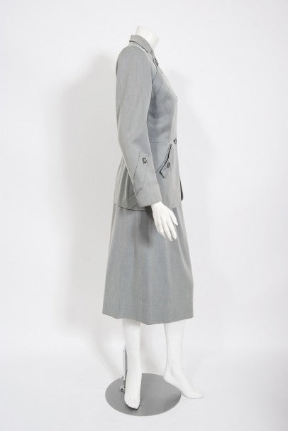 1940&#39;s Gilbert Adrian Light Blue Gabardine Asymmetric Noir Jacket Suit