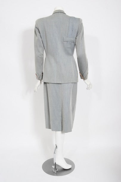 1940&#39;s Gilbert Adrian Light Blue Gabardine Asymmetric Noir Jacket Suit