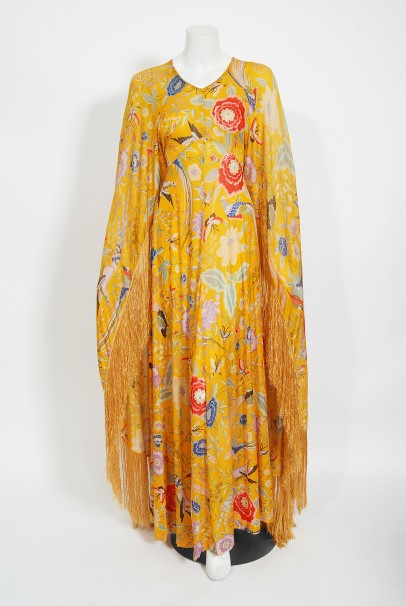 1971 Missoni Marigold Floral Bird Print Silk Jersey Fringe Caftan Gown