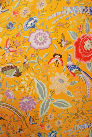 1971 Missoni Marigold Floral Bird Print Silk Jersey Fringe Caftan Gown
