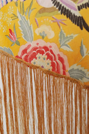 1971 Missoni Marigold Floral Bird Print Silk Jersey Fringe Caftan Gown