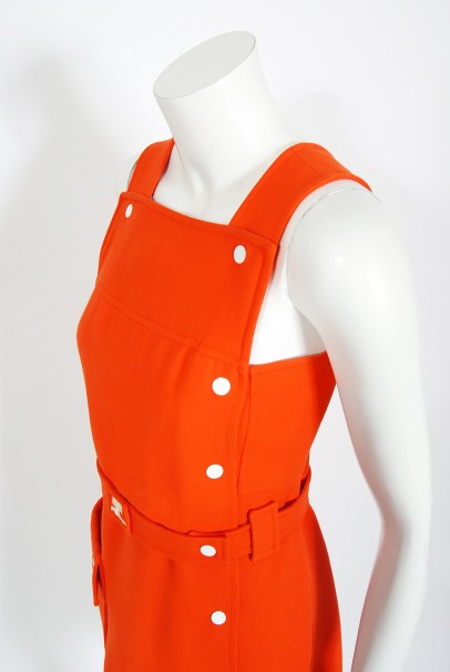 1970 Courreges Hyperbole Orange Wool Space-Age Sleeveless Mod Mini Dress