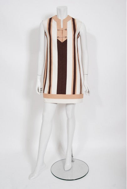 1968 Gucci Couture Cotton-Pique Striped Ivory Pink Mod Mini Tunic Dress