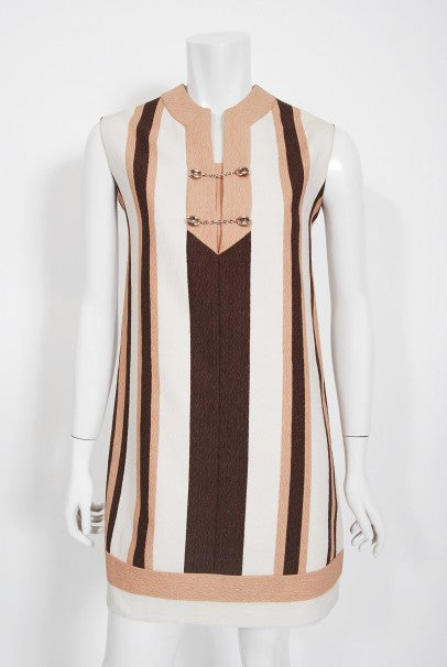 1968 Gucci Couture Cotton-Pique Striped Ivory Pink Mod Mini Tunic Dress