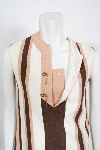 1968 Gucci Couture Cotton-Pique Striped Ivory Pink Mod Mini Tunic Dress