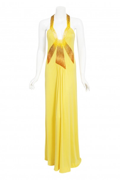 1970&#39;s Loris Azzaro Couture Yellow Ombre Beaded Silk-Jersey Halter Gown