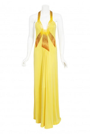 1970's Loris Azzaro Couture Yellow Ombre Beaded Silk-Jersey Halter Gown