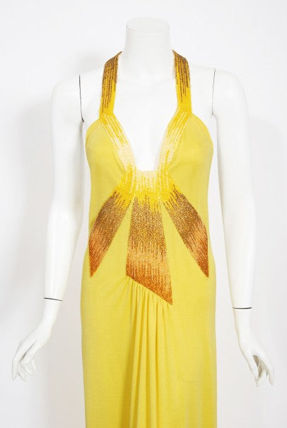 1970&#39;s Loris Azzaro Couture Yellow Ombre Beaded Silk-Jersey Halter Gown
