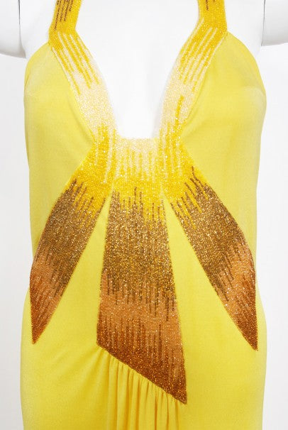 1970&#39;s Loris Azzaro Couture Yellow Ombre Beaded Silk-Jersey Halter Gown