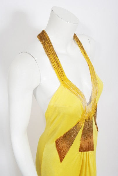 1970&#39;s Loris Azzaro Couture Yellow Ombre Beaded Silk-Jersey Halter Gown