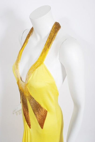 1970&#39;s Loris Azzaro Couture Yellow Ombre Beaded Silk-Jersey Halter Gown