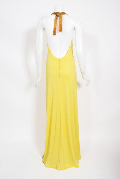 1970&#39;s Loris Azzaro Couture Yellow Ombre Beaded Silk-Jersey Halter Gown