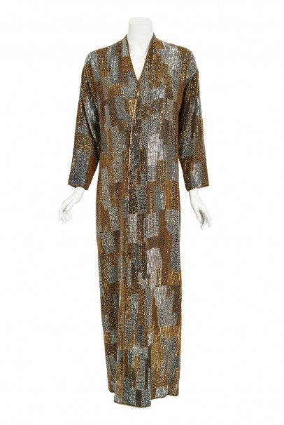 1977 Halston Couture Gold Silver Beaded Silk Full-Length Dress Jacket -  Timeless Vixen
