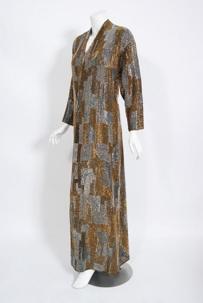 1977 Halston Couture Gold Silver Beaded Silk Full-Length Dress Jacket