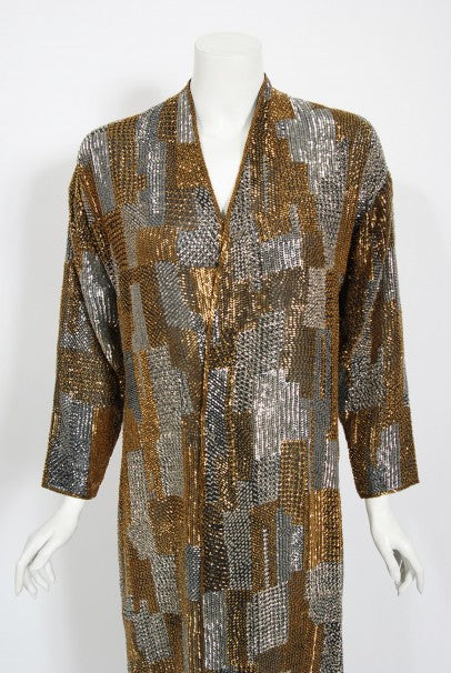 1977 Halston Couture Gold Silver Beaded Silk Full-Length Dress Jacket
