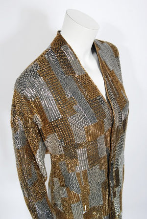 1977 Halston Couture Gold Silver Beaded Silk Full-Length Dress Jacket
