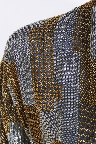 1977 Halston Couture Gold Silver Beaded Silk Full-Length Dress Jacket
