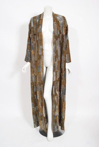 1977 Halston Couture Gold Silver Beaded Silk Full-Length Dress Jacket