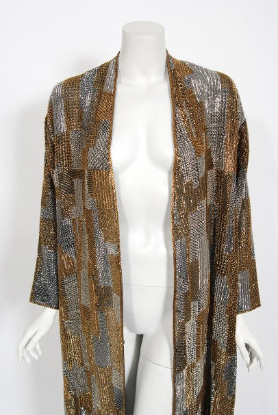 1977 Halston Couture Gold Silver Beaded Silk Full-Length Dress Jacket