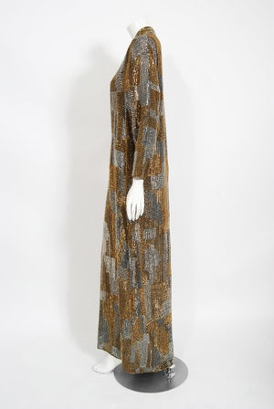 1977 Halston Couture Gold Silver Beaded Silk Full-Length Dress Jacket