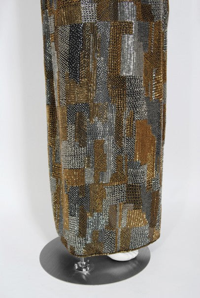 1977 Halston Couture Gold Silver Beaded Silk Full-Length Dress Jacket
