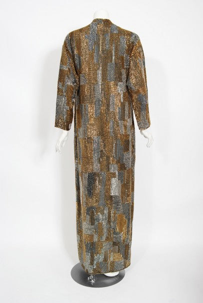 1977 Halston Couture Gold Silver Beaded Silk Full-Length Dress Jacket - Timeless Vixen 1977 Halston Couture Gold Silver Beaded Silk Full-Length Dress Jacket - Timeless Vixen