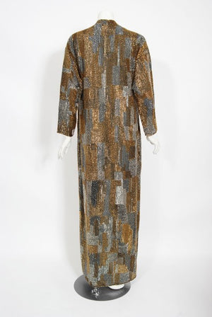 1977 Halston Couture Gold Silver Beaded Silk Full-Length Dress Jacket