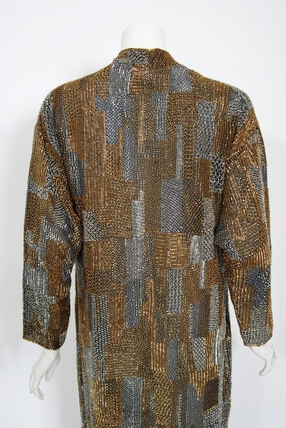 1977 Halston Couture Gold Silver Beaded Silk Full-Length Dress Jacket