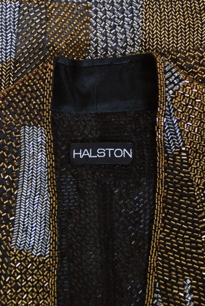 1977 Halston Couture Gold Silver Beaded Silk Full-Length Dress Jacket