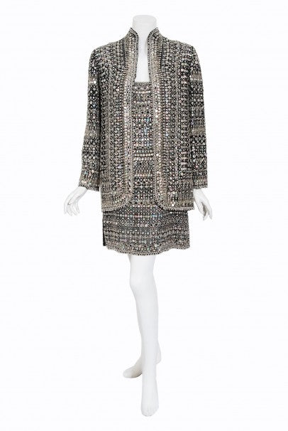 1979 Halston Couture Beaded Mirror Mini Dress &amp; Jacket Made For Liza Minnelli