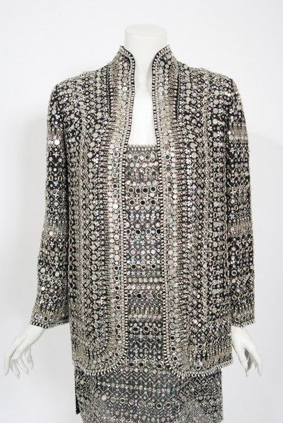 1979 Halston Couture Beaded Mirror Mini Dress &amp; Jacket Made For Liza Minnelli