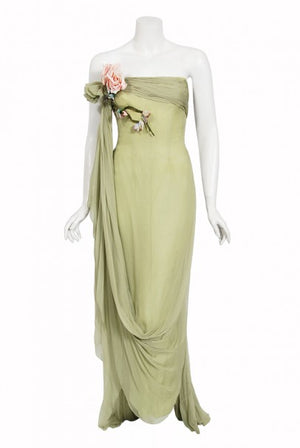 1950's Howard Greer Couture Sage-Green Draped Chiffon Strapless Gown