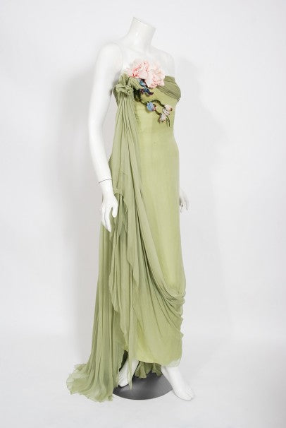 howard greer dress 1950's Couture Sage-Green Draped Chiffon Strapless Gown Hunter green satin maxi dress for winter wedding guest outfit