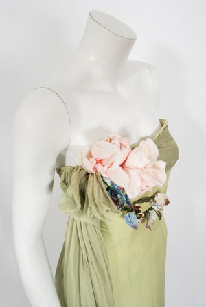 1950's Howard Greer Couture Sage-Green Draped Chiffon Strapless Gown