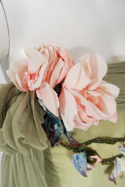 1950&#39;s Howard Greer Couture Sage-Green Draped Chiffon Strapless Gown