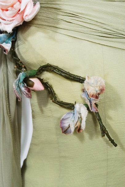 1950&#39;s Howard Greer Couture Sage-Green Draped Chiffon Strapless Gown